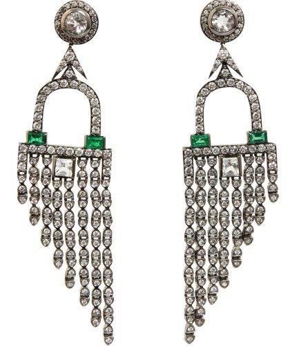 Orecchini con frange in diamante, smeraldo e cristallo di rocca in stile Deco