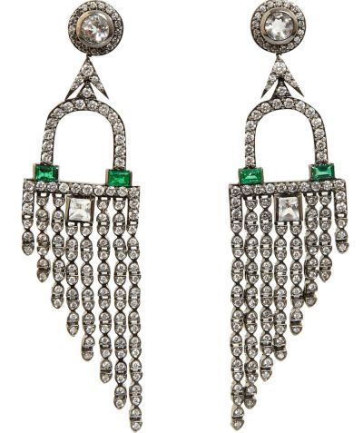 Orecchini con frange in diamante, smeraldo e cristallo di rocca in stile Deco